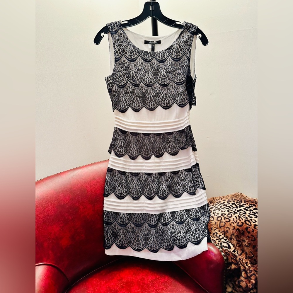 BCBGMAXAZRIA Black and White Scalloped Lace Cocktail Dress, Size 2